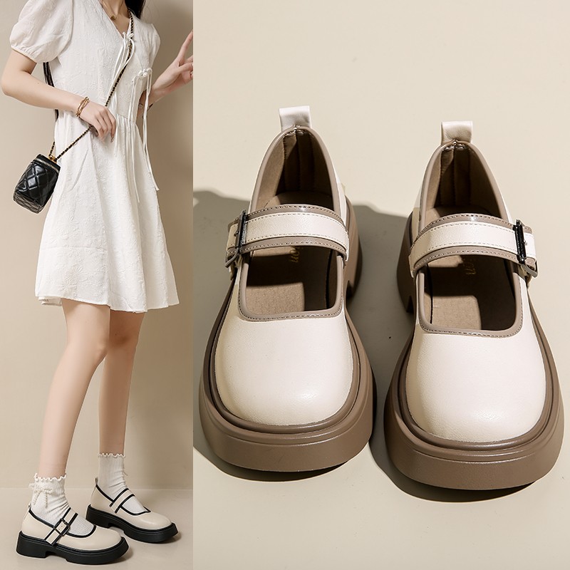 Französische Mary-Jane-Schuhe mit dicker Sohle für Damen mit einem einzigen Schuh, Vintage-Schuhe aus Großbritannien in Übergröße_voghion.com