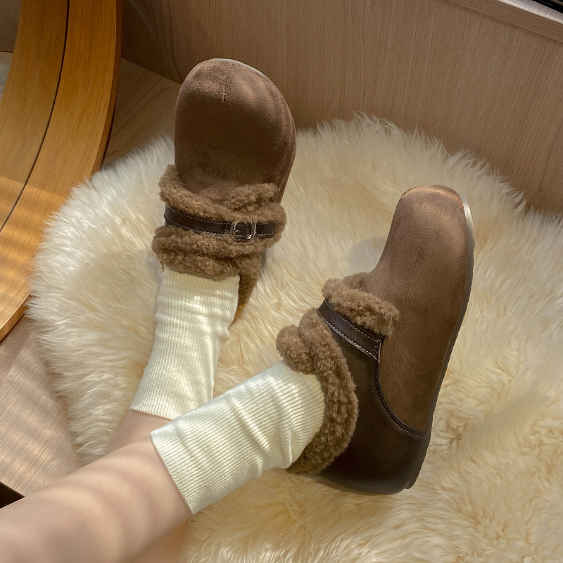 玥婷女鞋冬季新款丑复古可爱勃肯鞋一脚蹬加棉